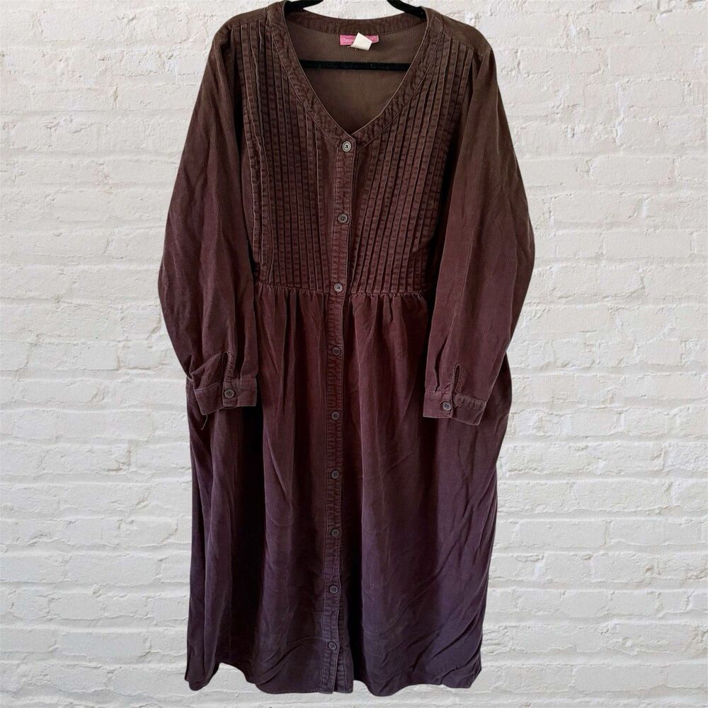 Woman Within Sz 24W 2X Brown Corduroy Maxi Dress Pintucks Pockets Prairie Modest